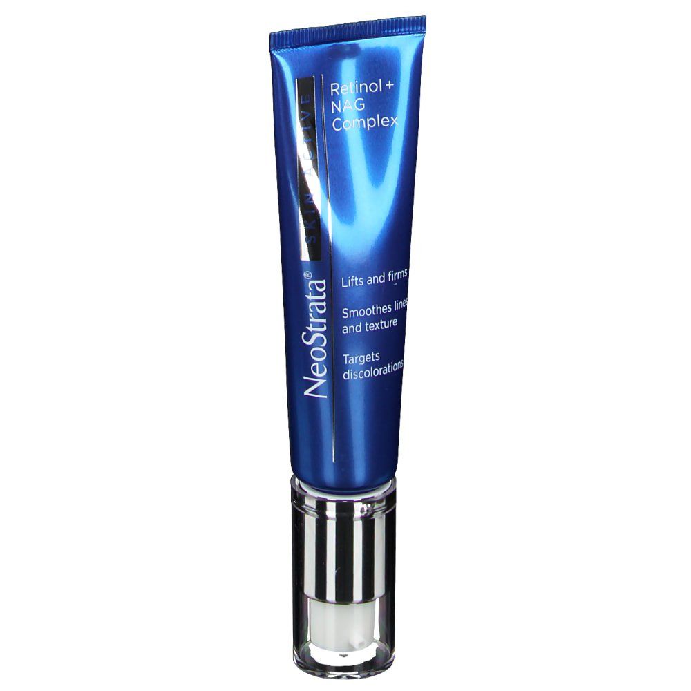 Tube bleu et argenté. Inscription: NeoStrata, Retinol + NAG Complex. Lifte et raffermit, lisse les rides et la texture, cible les décolorations.