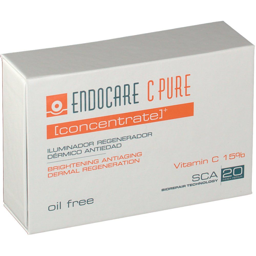 Boîte blanche avec bande orange. Inscription: Endocare C Pure Concentrate, Vitamine C 15%, SCA 20.