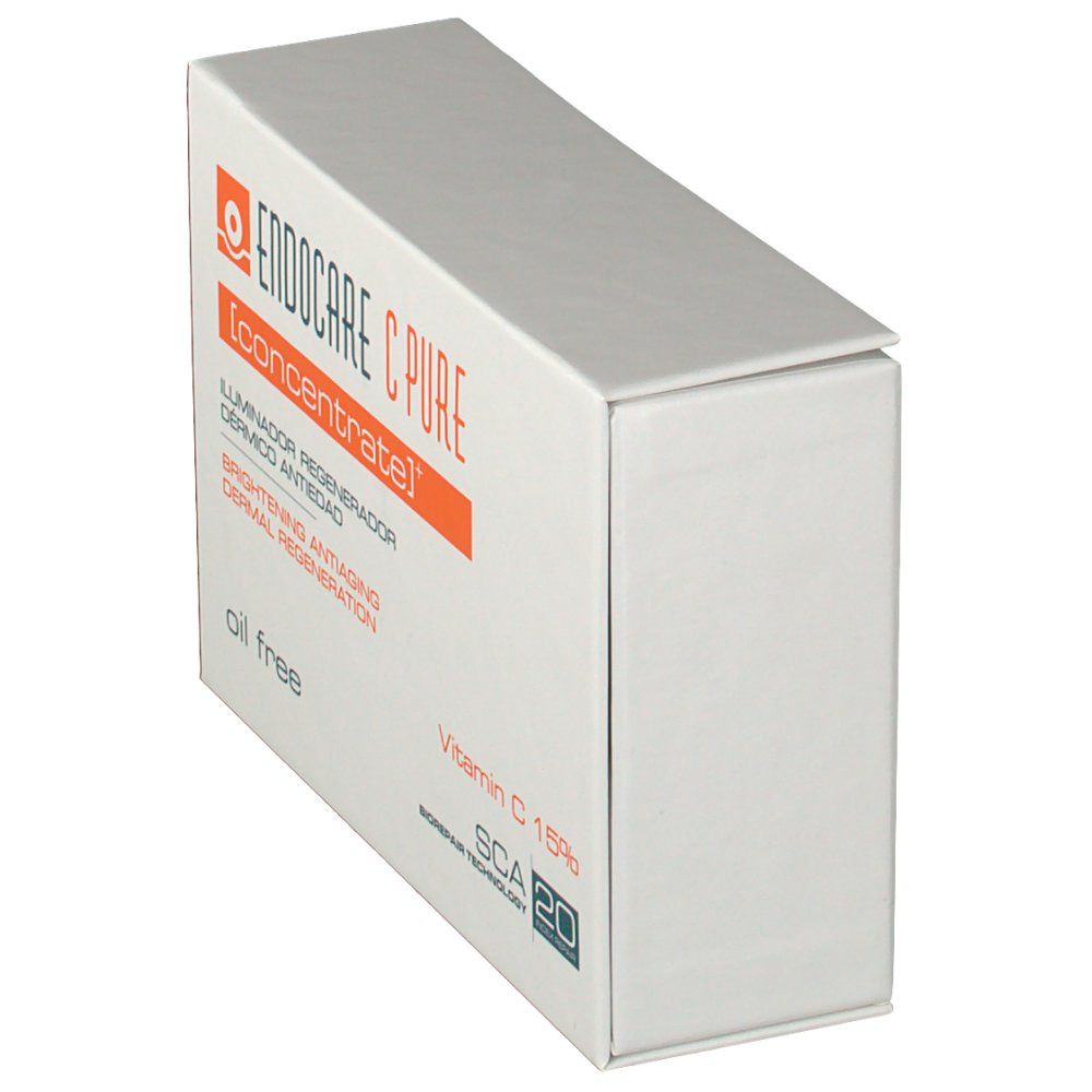 Boîte blanche en biais. Inscription: Endocare C Pure Concentrate, Vitamine C 15%, SCA 20.