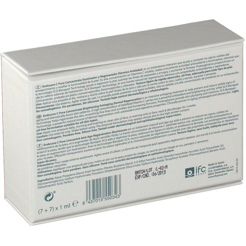 Dos de la boîte blanche. Texte multilingue. Code-barres, numéro de lot, date d'expiration.