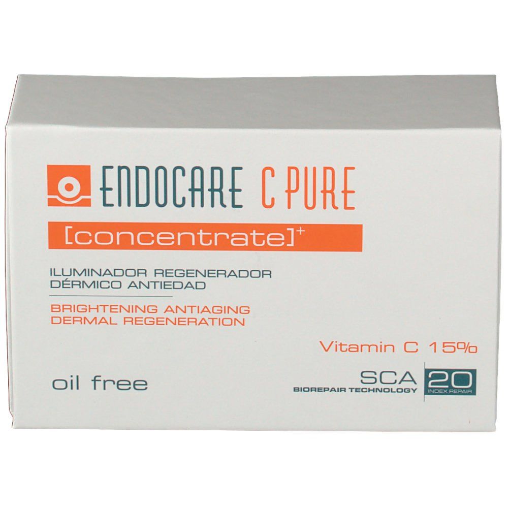 Boîte blanche avec bande orange. Inscription: Endocare C Pure Concentrate, Vitamine C 15%, SCA 20.