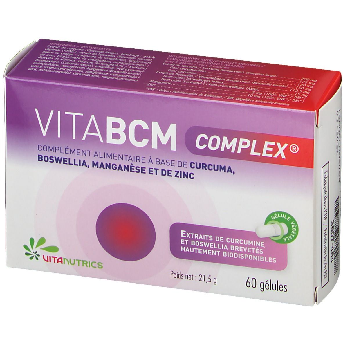 Boîte VitaBCM COMPLEX. Inscription: Complément alimentaire à base de curcuma, boswellia, manganèse et zinc. 60 gélules. Détail des ingrédients.