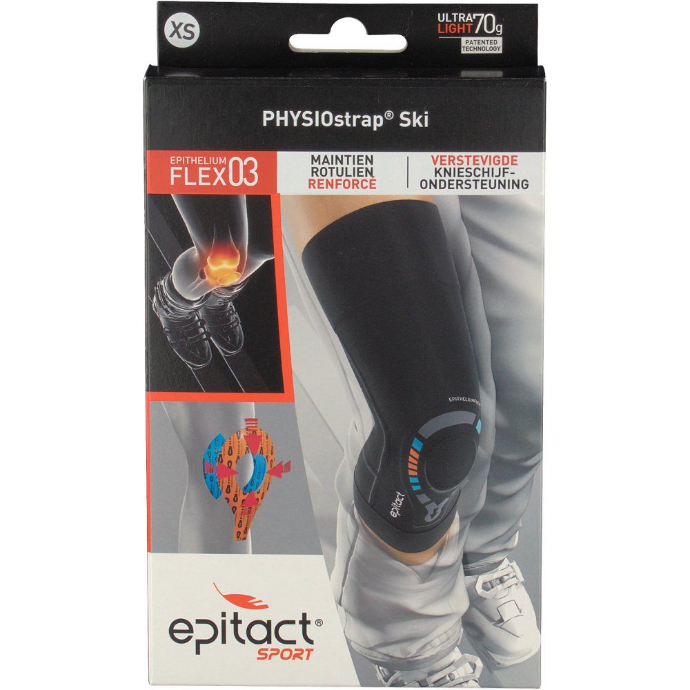 Boîte noire XS avec genouillère PHYSIOstrap Ski. Inscription Epithelium Flex 03. Illustrations du genou et des articulations.