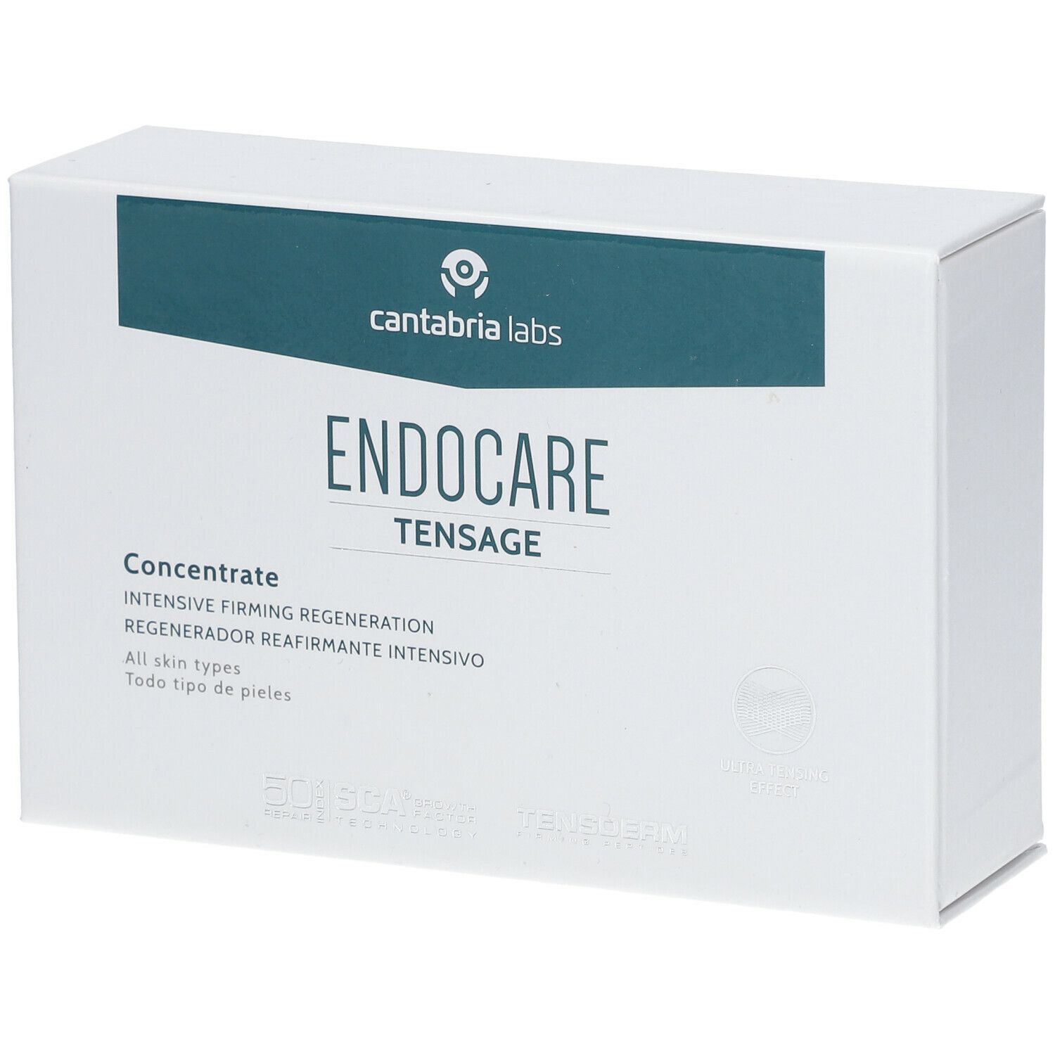 Boîte blanche avec une bande bleu-vert. On peut lire "ENDOCARE tensage Concentrate" et "cantabria labs" sur la boîte.