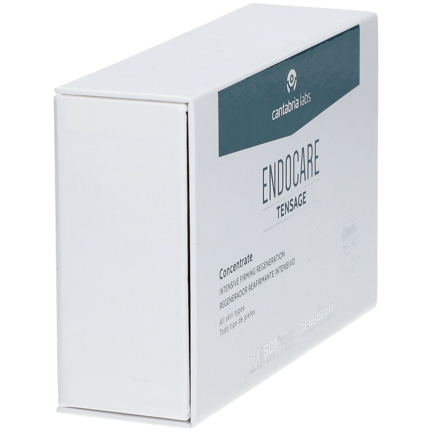 Boîte blanche avec une bande bleu-vert. On peut lire "ENDOCARE tensage Concentrate" et "cantabria labs" sur la boîte.