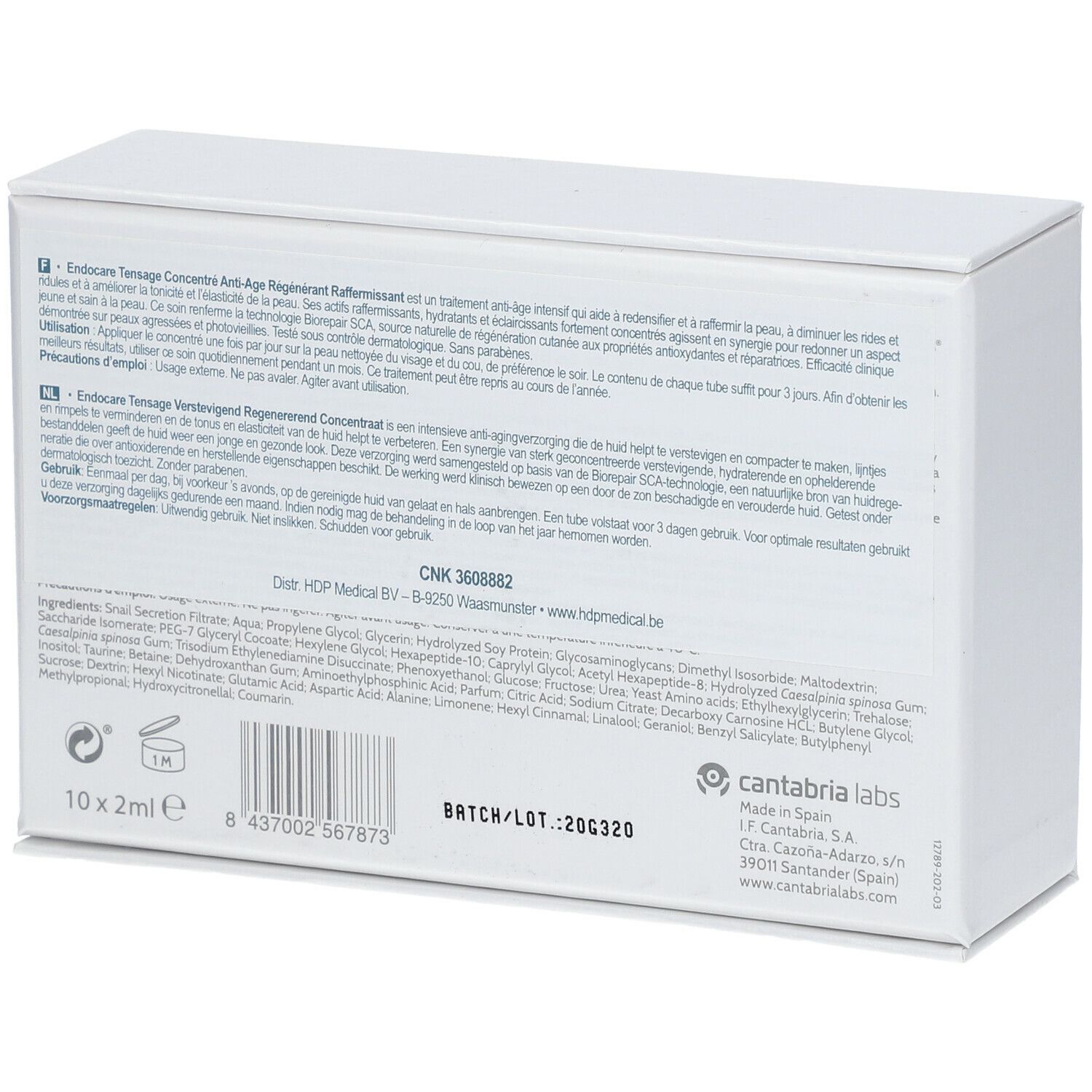 Dos d'une boîte blanche avec du texte. Contient des informations sur le produit et les ingrédients.