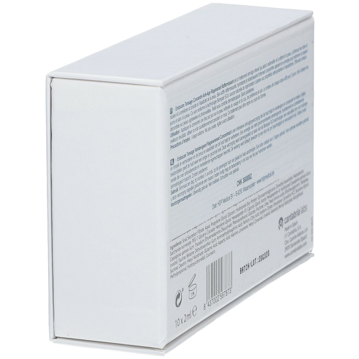 Dos d'une boîte blanche avec du texte. Contient des informations sur le produit et les ingrédients.