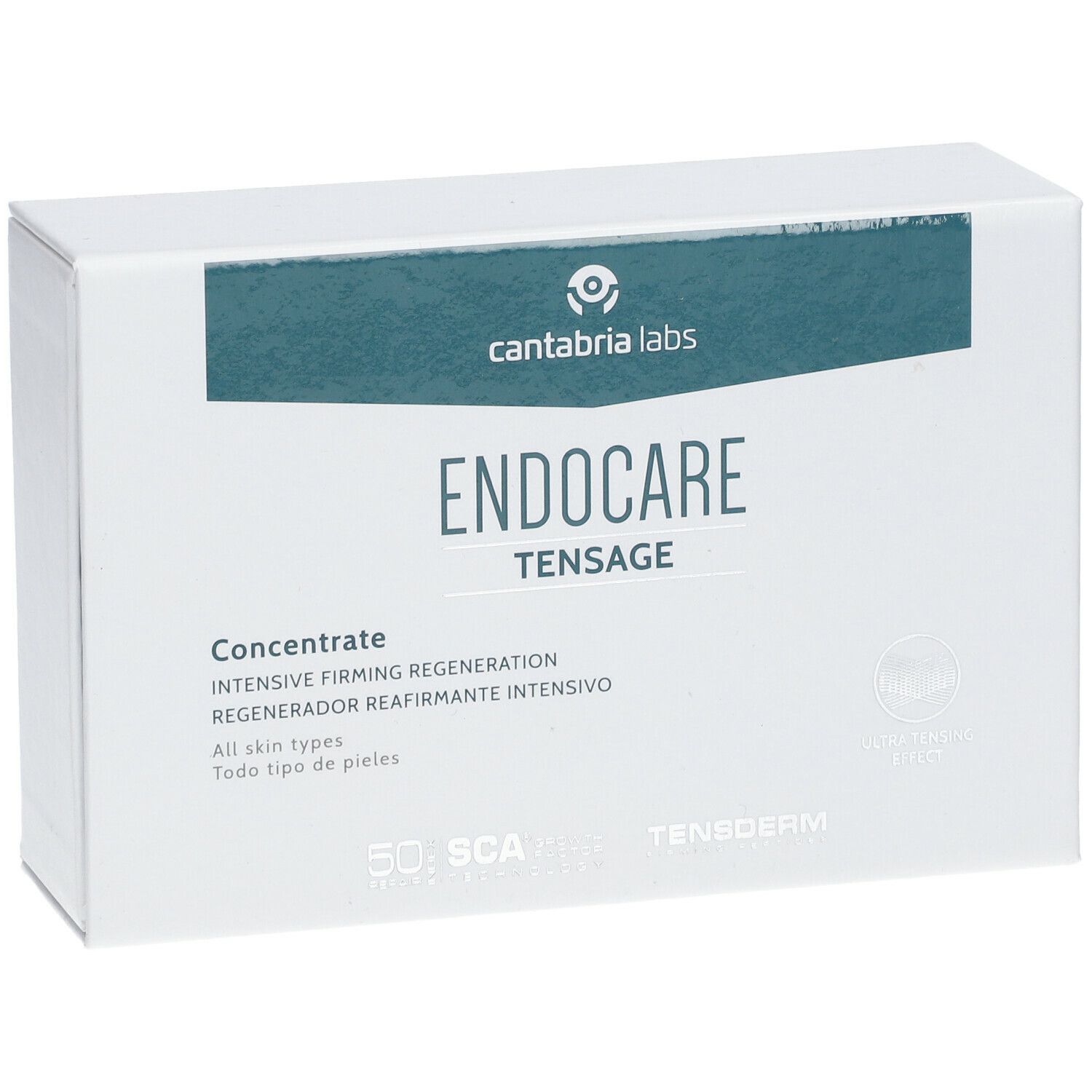 Boîte blanche avec une bande bleu-vert. On peut lire "ENDOCARE tensage Concentrate" et "cantabria labs" sur la boîte.