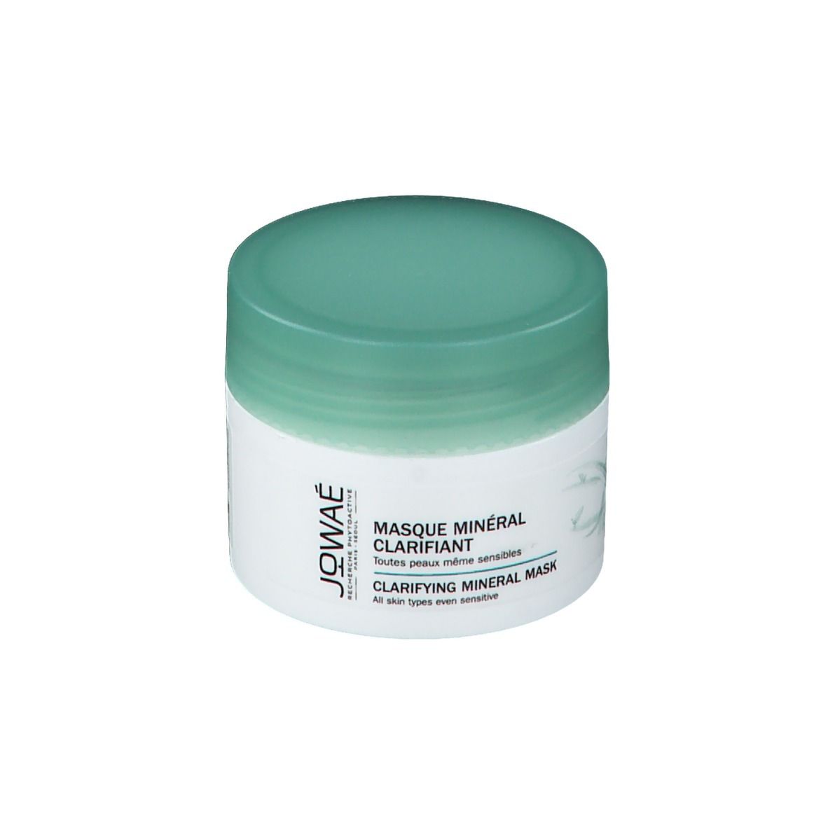 Pot blanc avec couvercle vert. Inscription: JOWAE, Masque Minéral Clarifiant, Clarifying Mineral Mask.