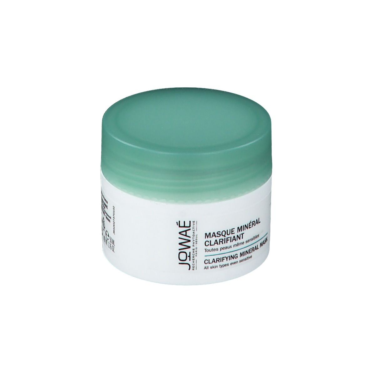 Pot blanc avec couvercle vert. Inscription: JOWAE, Masque Minéral Clarifiant, Clarifying Mineral Mask.