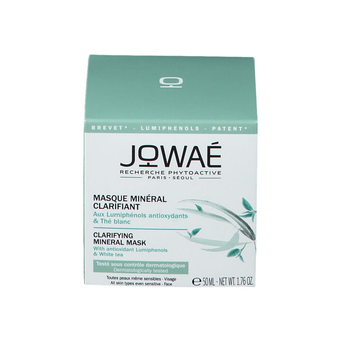 Emballage produit avec carton. Inscription: JOWAE, Masque Minéral Clarifiant, Clarifying Mineral Mask.