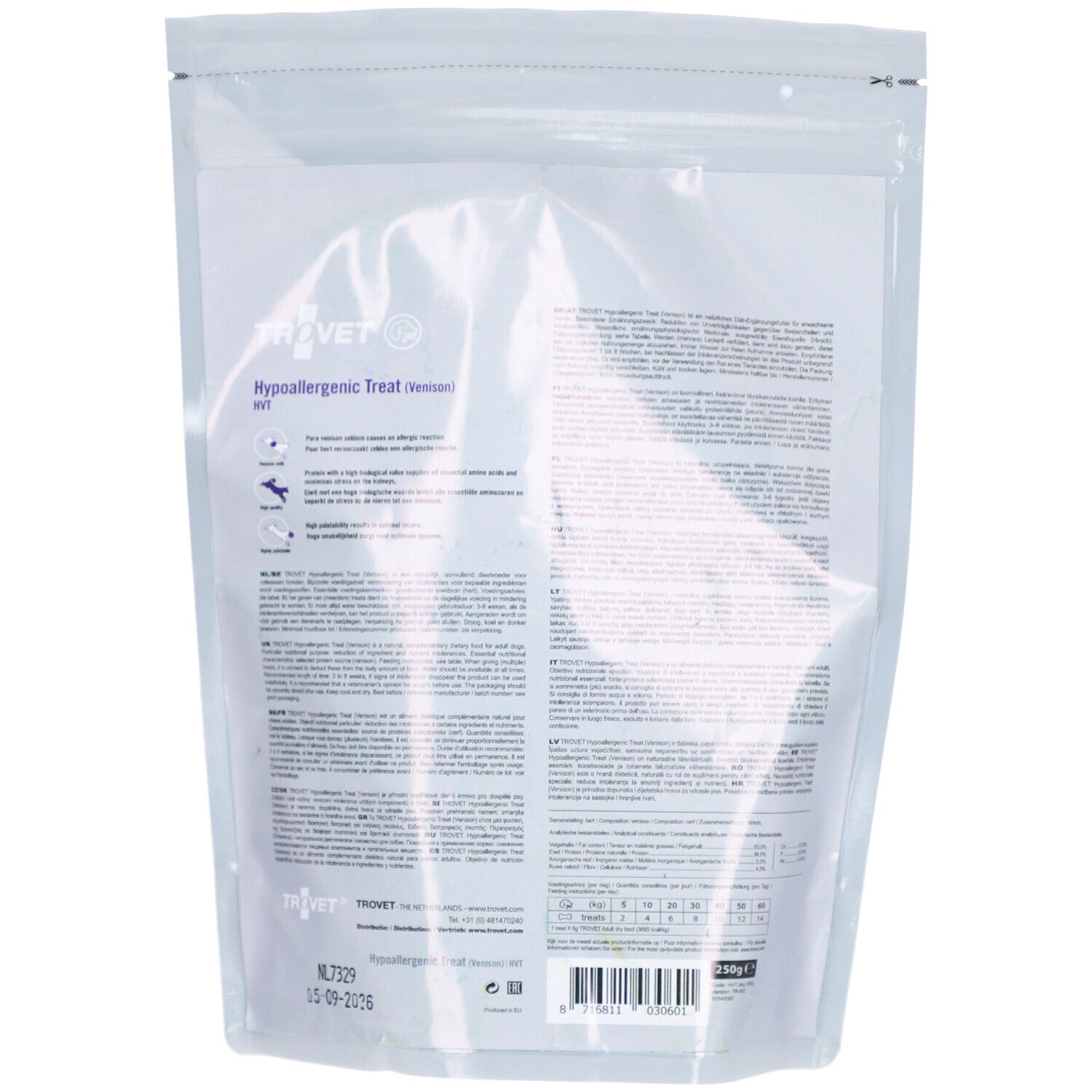 Dos de l'emballage transparent avec informations et texte sur le produit. Code-barres et logo en bas à droite.