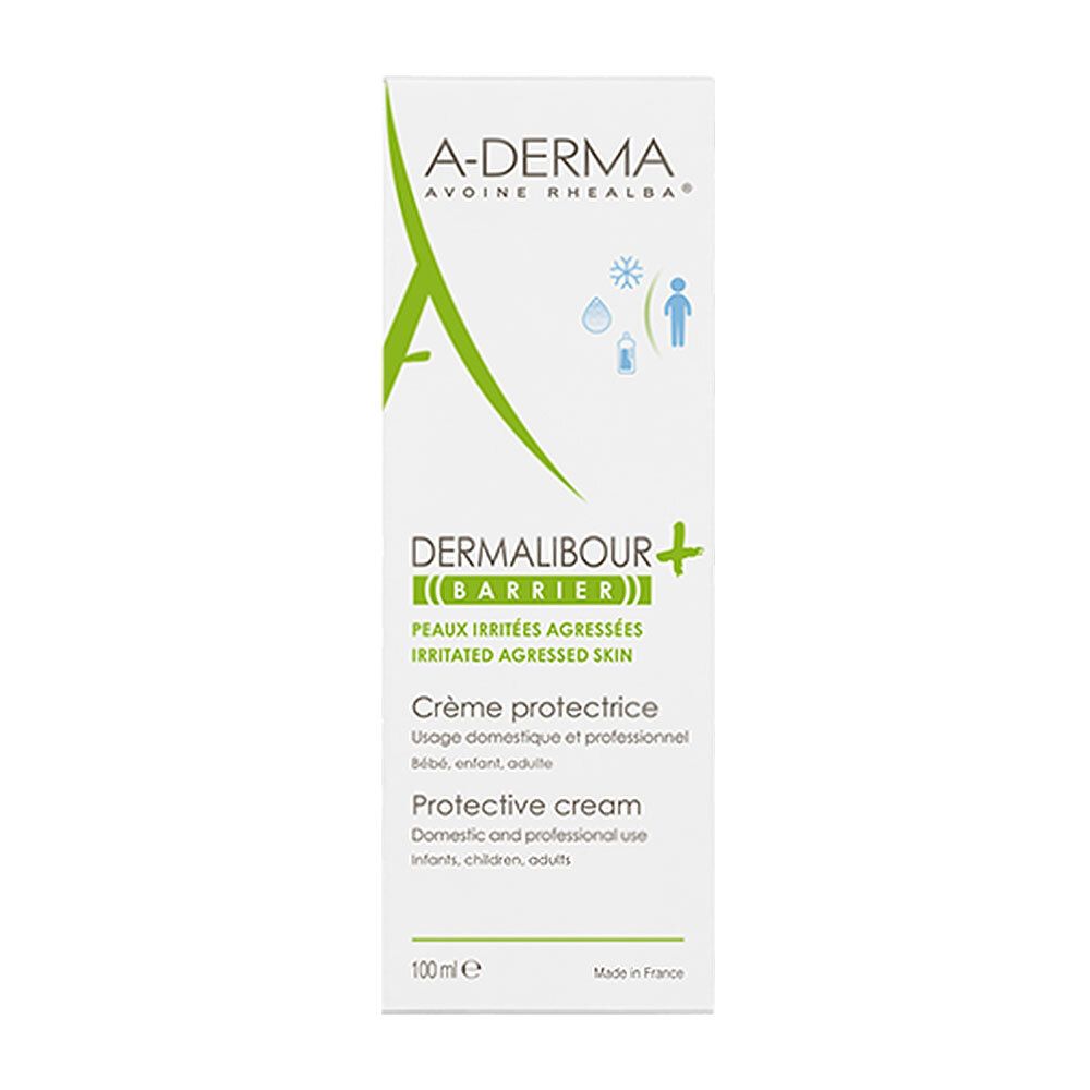 Emballage crème A-DERMA DERMALIBOUR+. Boîte blanche, accents verts. Texte: DERMALIBOUR+, Crème protectrice, pour peaux irritées.