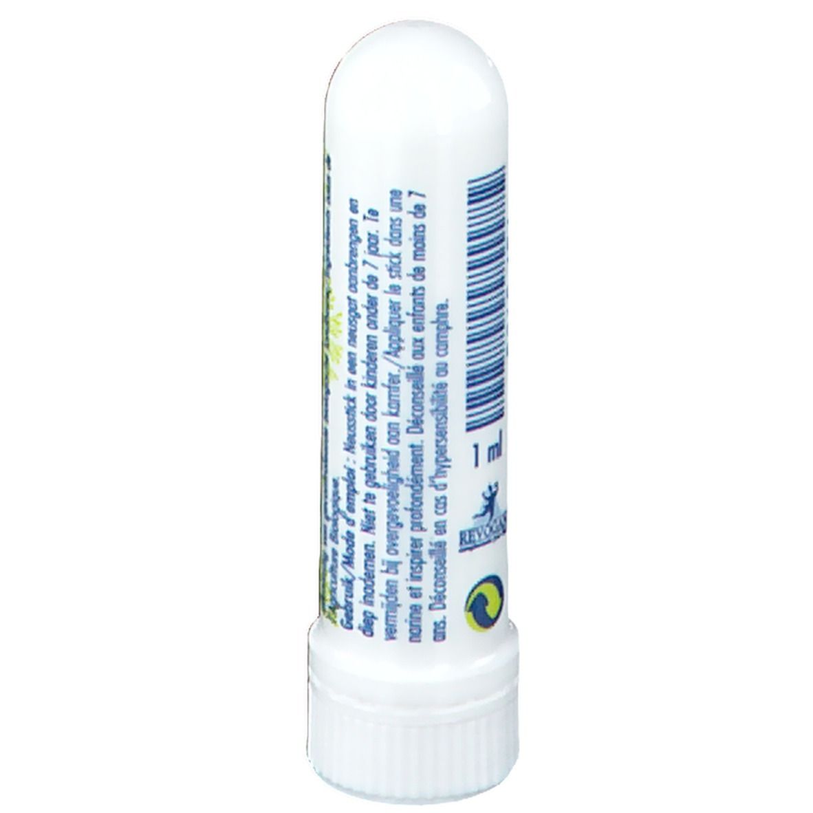 Dos de l'inhalateur nasal blanc. Mode d'emploi et avertissements en néerlandais. Contenu de 1 ml. Logo.