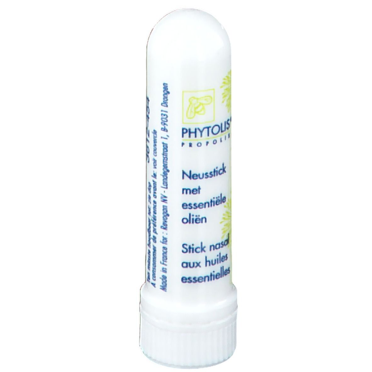 Inhalateur nasal cylindrique blanc avec bouchon à vis. Inscriptions: Phytolis Propolis, Neusstick met essentiële oliën, Stick nasal aux huiles essentielles.