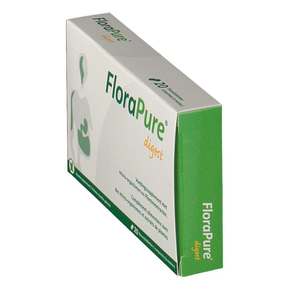 Boîte blanche et verte. Inscription : Florapure digest. Contient 20 sachets. Illustration d'un corps humain.