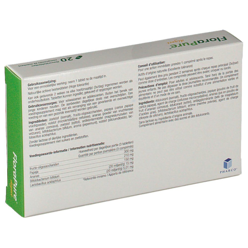 Dos de la boîte. Texte multilingue. Contient des informations sur les ingrédients et la valeur nutritionnelle. Marque : Pharco.