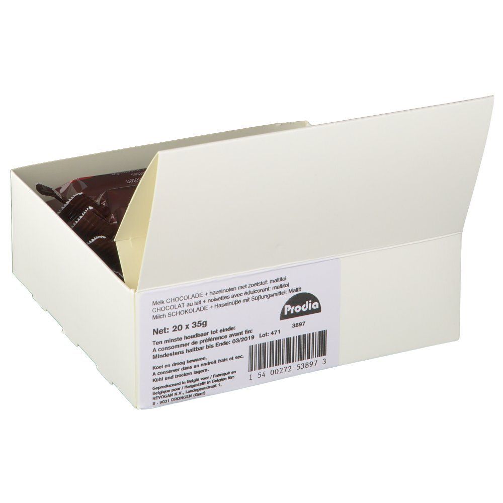 Boîte blanche ouverte avec barres chocolatées. Autocollant avec texte et code-barres. Marque: Prodia.