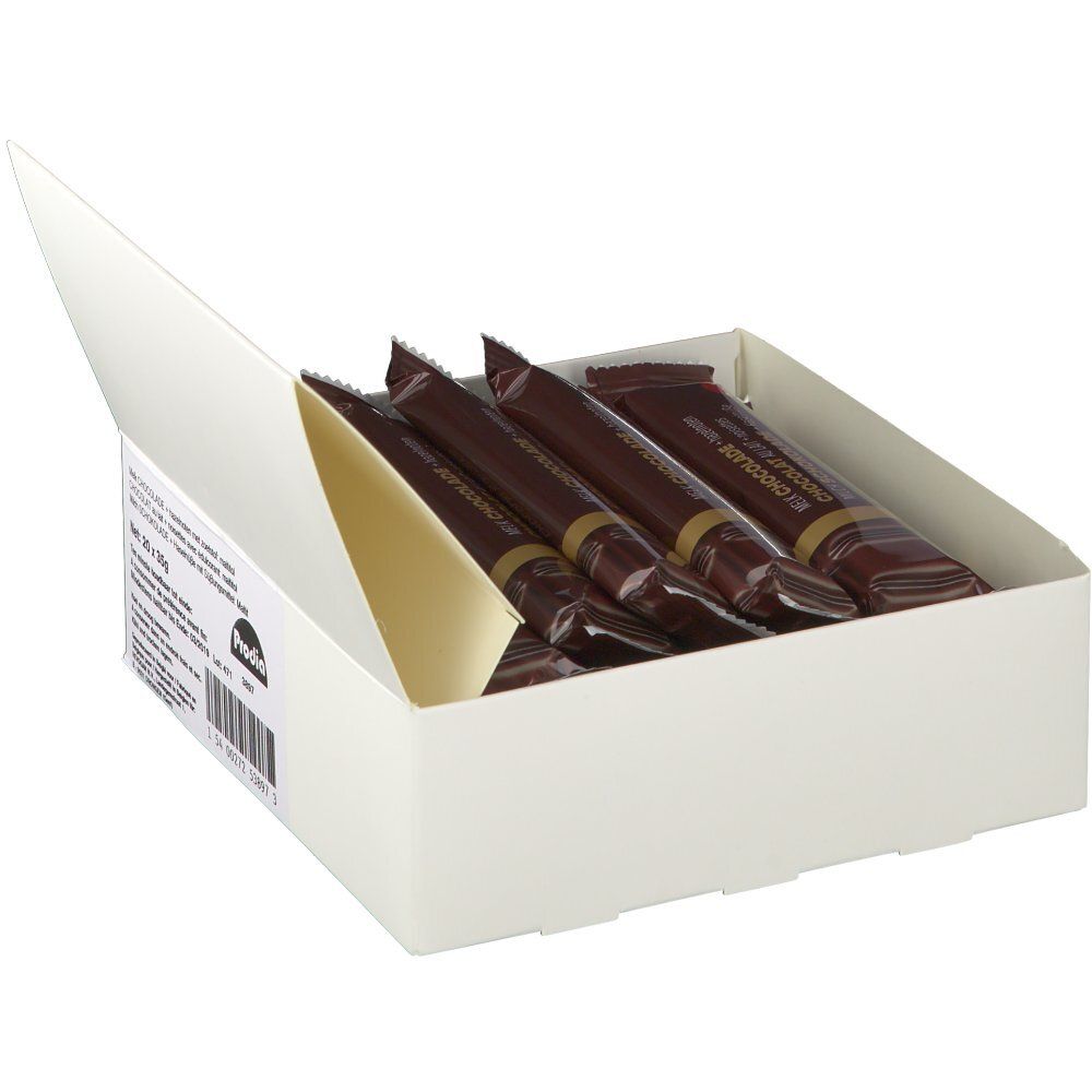Boîte blanche ouverte avec barres chocolatées emballées en marron. Marque: Prodia.