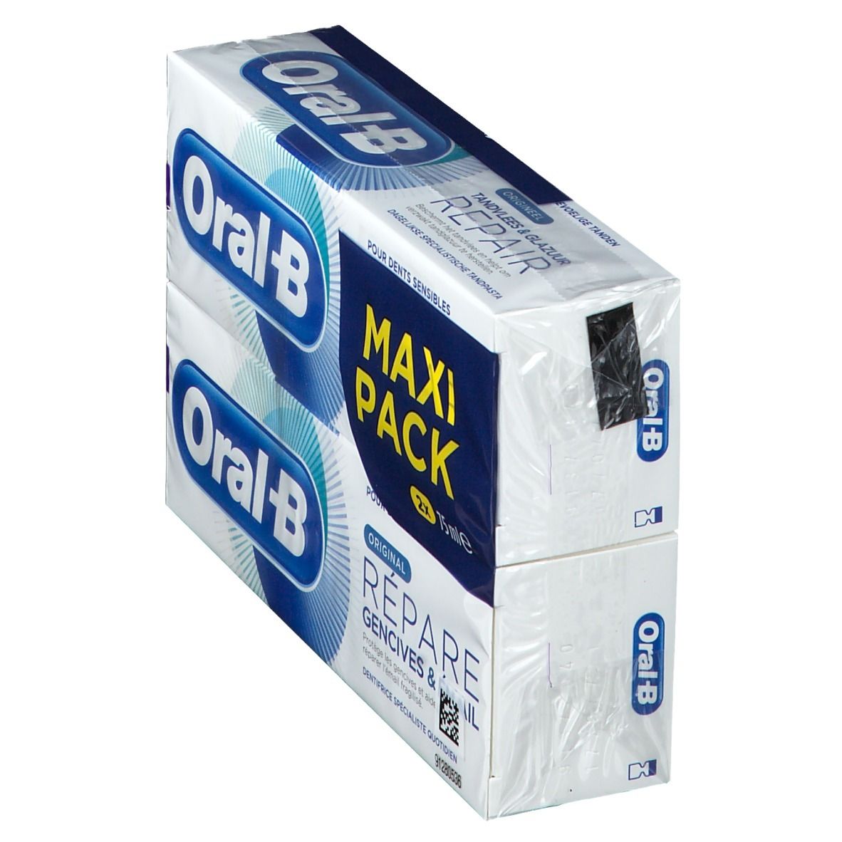 Deux paquets de dentifrice emballés. Inscription : Oral-B, Maxi Pack, Répare les gencives et l'émail.