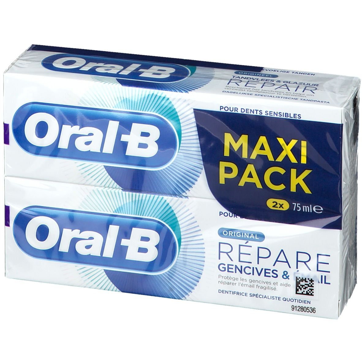 Deux paquets de dentifrice emballés. Inscription : Oral-B, Maxi Pack, Répare les gencives et l'émail. Pour dents sensibles.