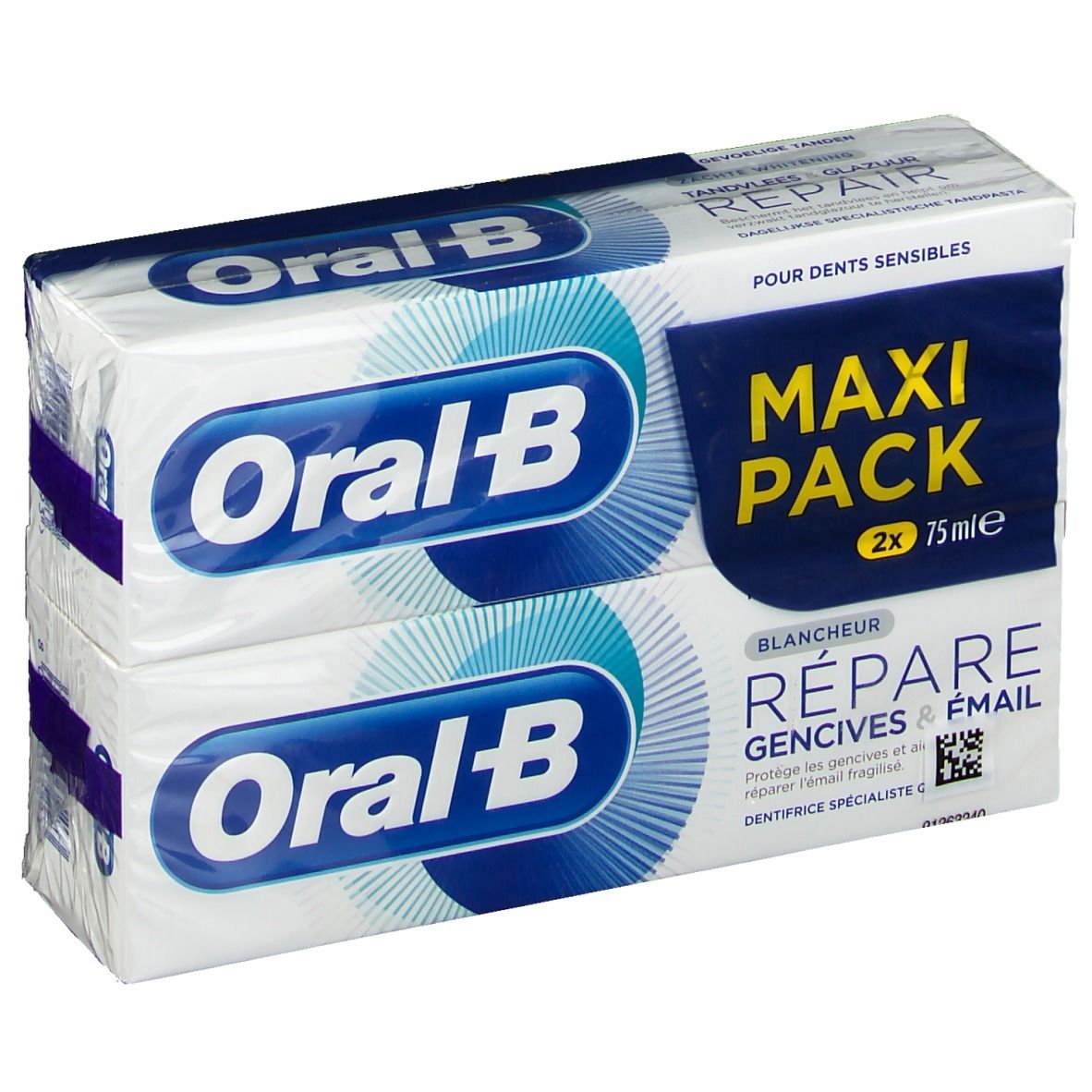 Deux paquets de dentifrice Oral-B. Inscription: Maxi Pack, Réparation gencives & émail. Emballage blanc et bleu.