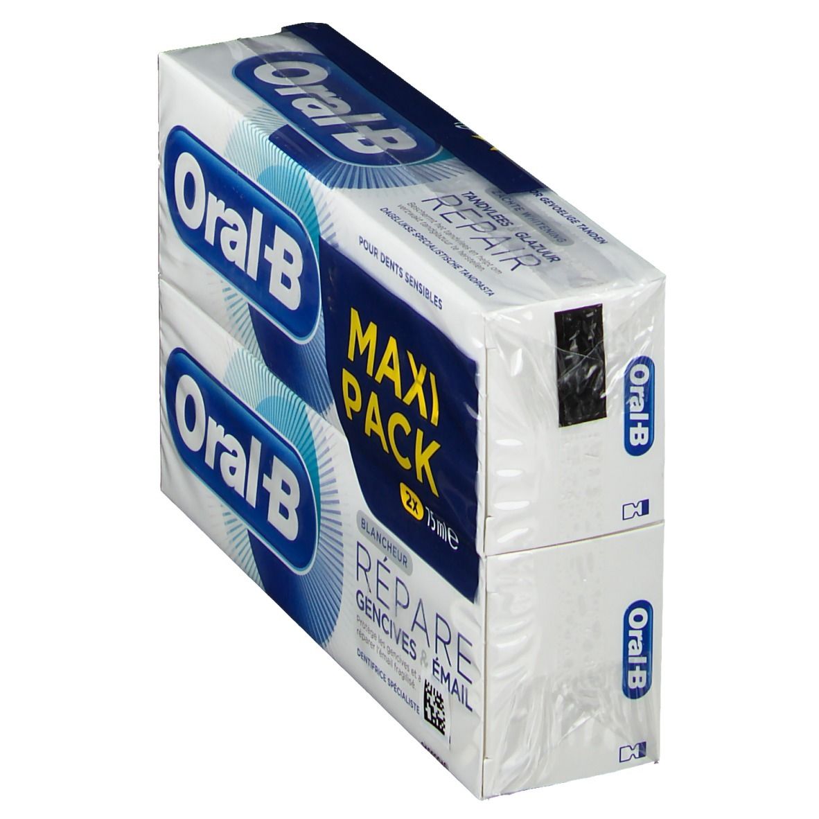 Deux paquets de dentifrice Oral-B. Inscription: Maxi Pack, Réparation gencives & émail. Emballage blanc et bleu.
