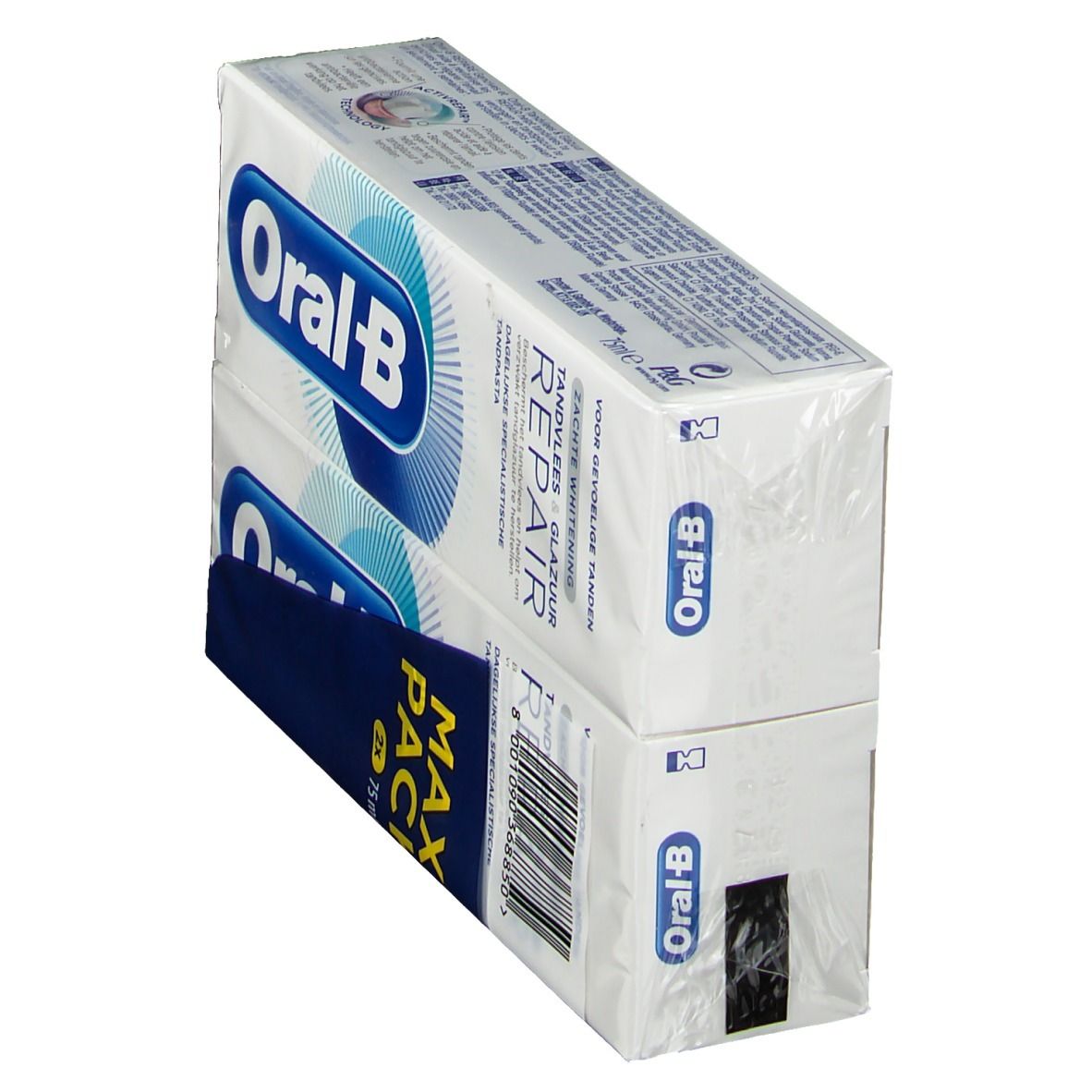 Deux paquets de dentifrice Oral-B. Inscription: Maxi Pack, Réparation gencives & émail. Emballage blanc et bleu.