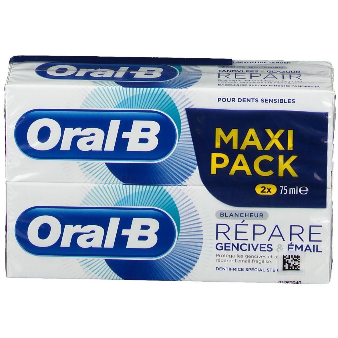 Deux paquets de dentifrice Oral-B. Inscription: Maxi Pack, Réparation gencives & émail. Emballage blanc et bleu.