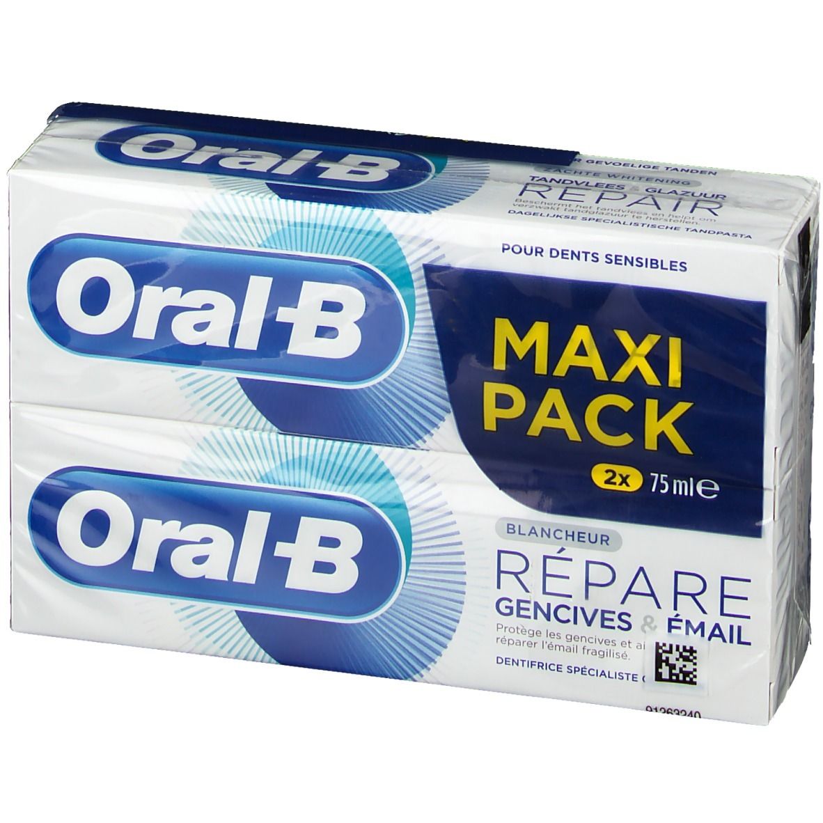 Deux paquets de dentifrice Oral-B. Inscription: Maxi Pack, Réparation gencives & émail. Emballage blanc et bleu.
