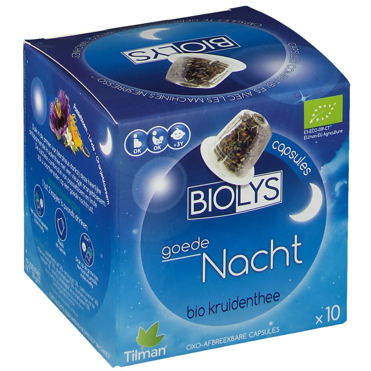 Boîte bleue de capsules de tisane bio Biolys Bonne Nuit. Contient 10 capsules. Label bio. Design lune et étoiles.