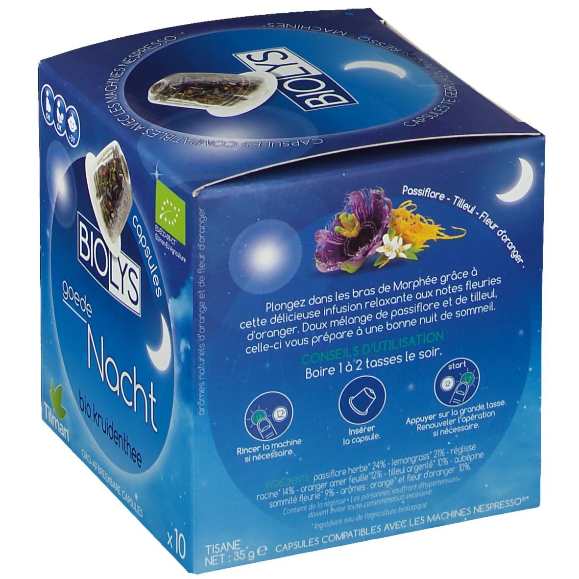 Boîte bleue de capsules de tisane bio Biolys Bonne Nuit. Contient 10 capsules. Label bio. Design lune et étoiles. Liste des ingrédients.