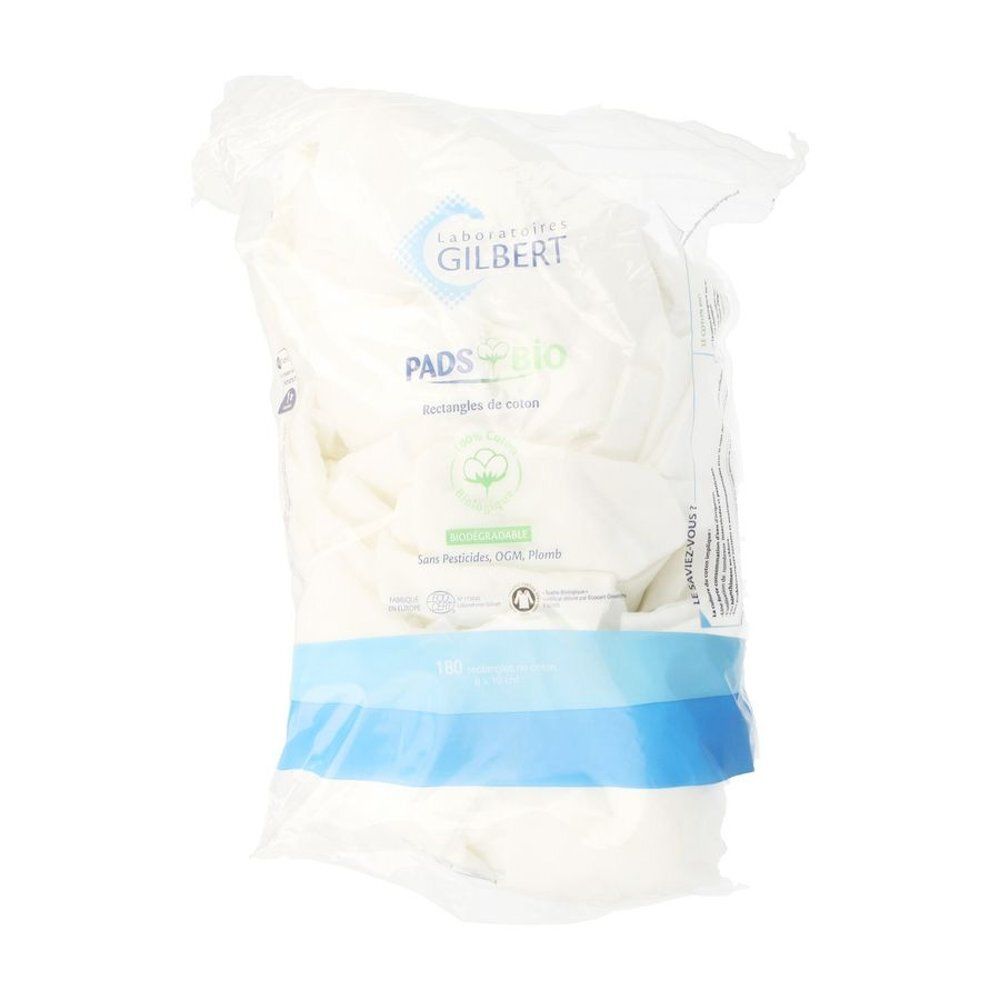 Paquet de pads en coton bio. Forme rectangulaire, biodégradable. Marque Liniderm. 180 pièces, 8x10 cm. Certification.