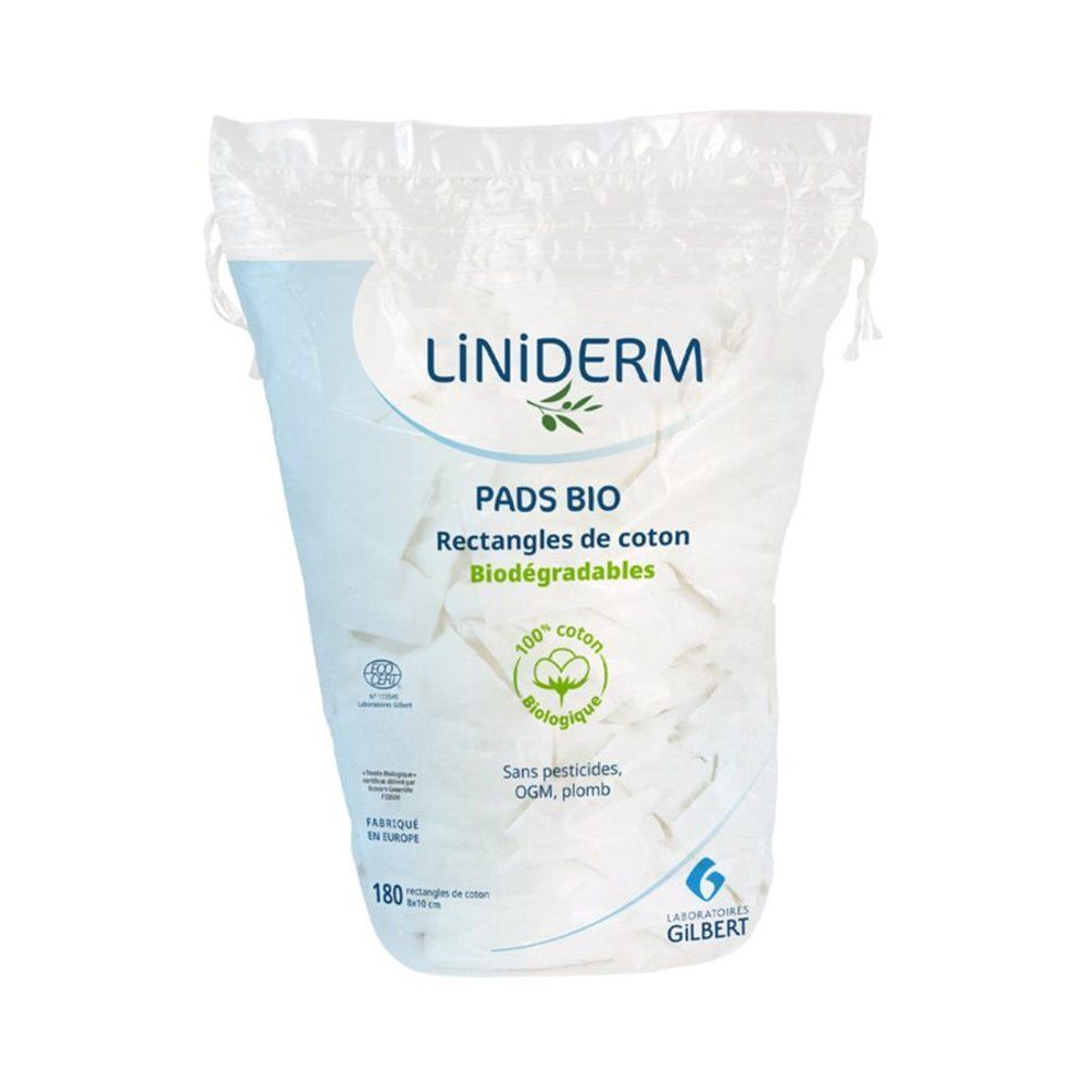 Paquet de pads en coton bio. Forme rectangulaire, biodégradable. Marque Pads Bio. 180 pièces. Certification.