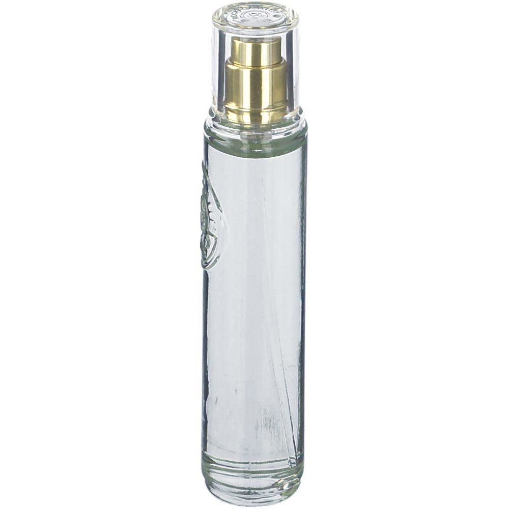 Flacon cylindrique en verre avec vaporisateur. Transparent, avec vaporisateur doré et capuchon transparent. Logo en relief sur le devant.