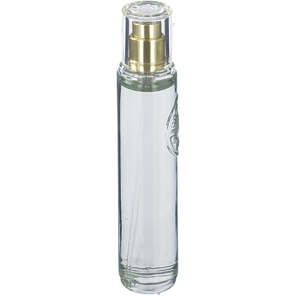 Flacon cylindrique en verre avec vaporisateur. Transparent, avec vaporisateur doré et capuchon transparent. Logo en relief sur le devant.