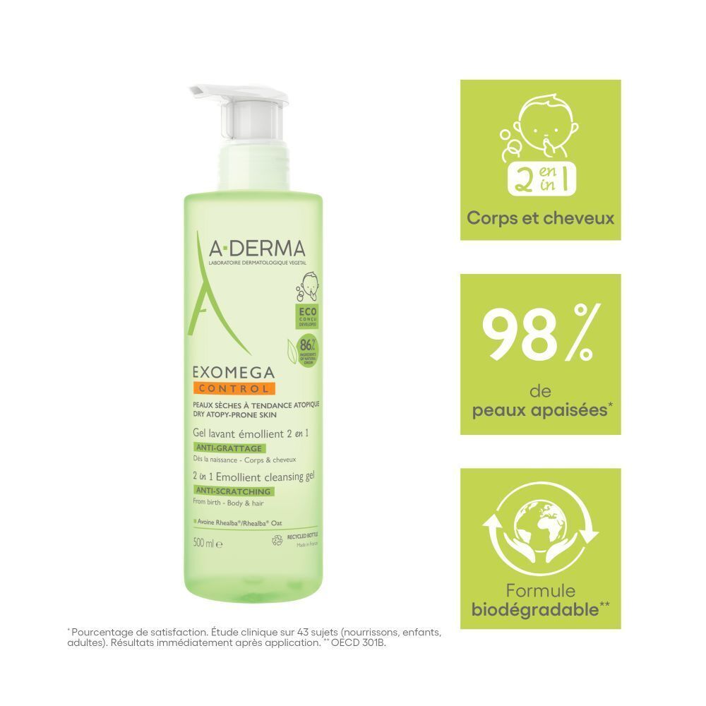 A-DERMA Exomega Control Gel lavant émollient 2 en 1 anti-grattage - Corps & Cheveux