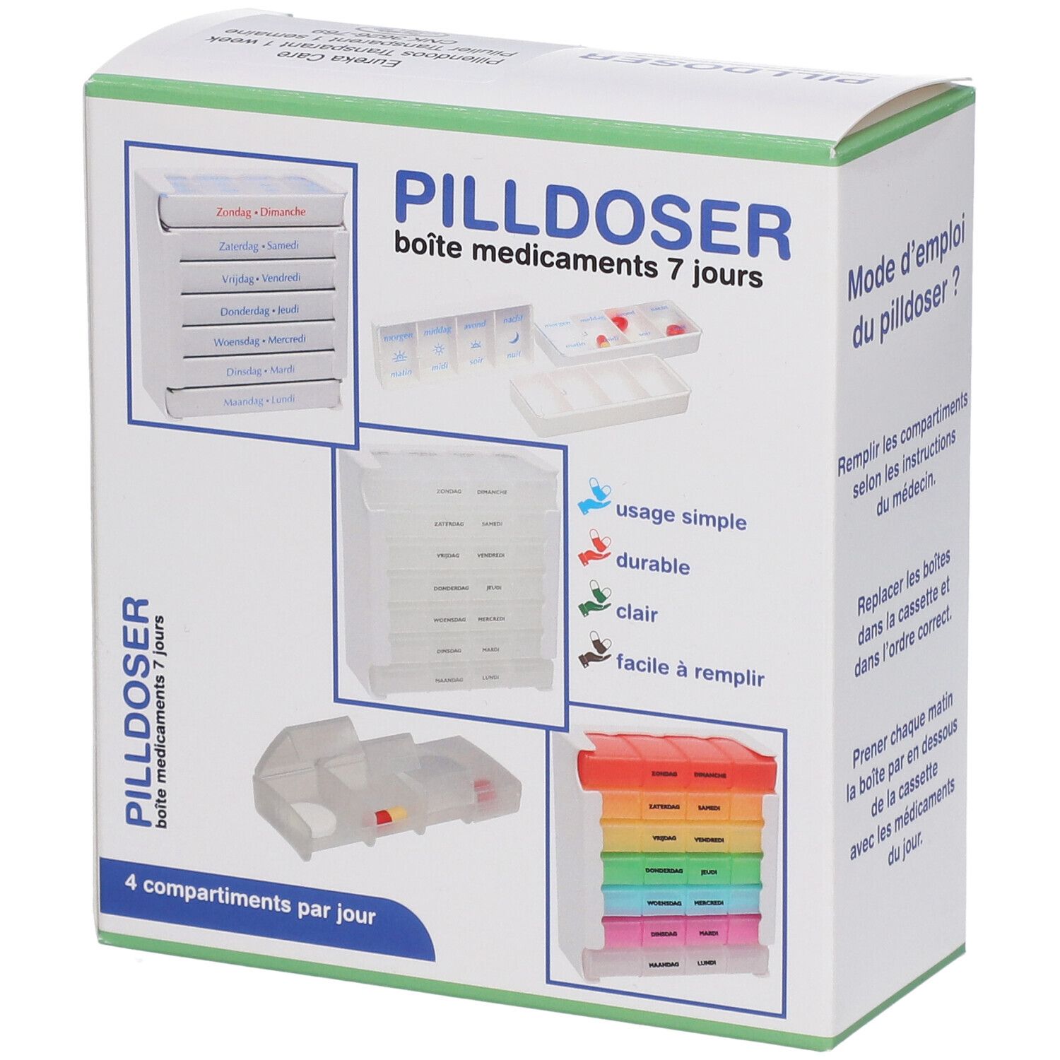 Boîte de pilulier 7 jours. Contient des illustrations du pilulier et de ses composants. Texte en français.