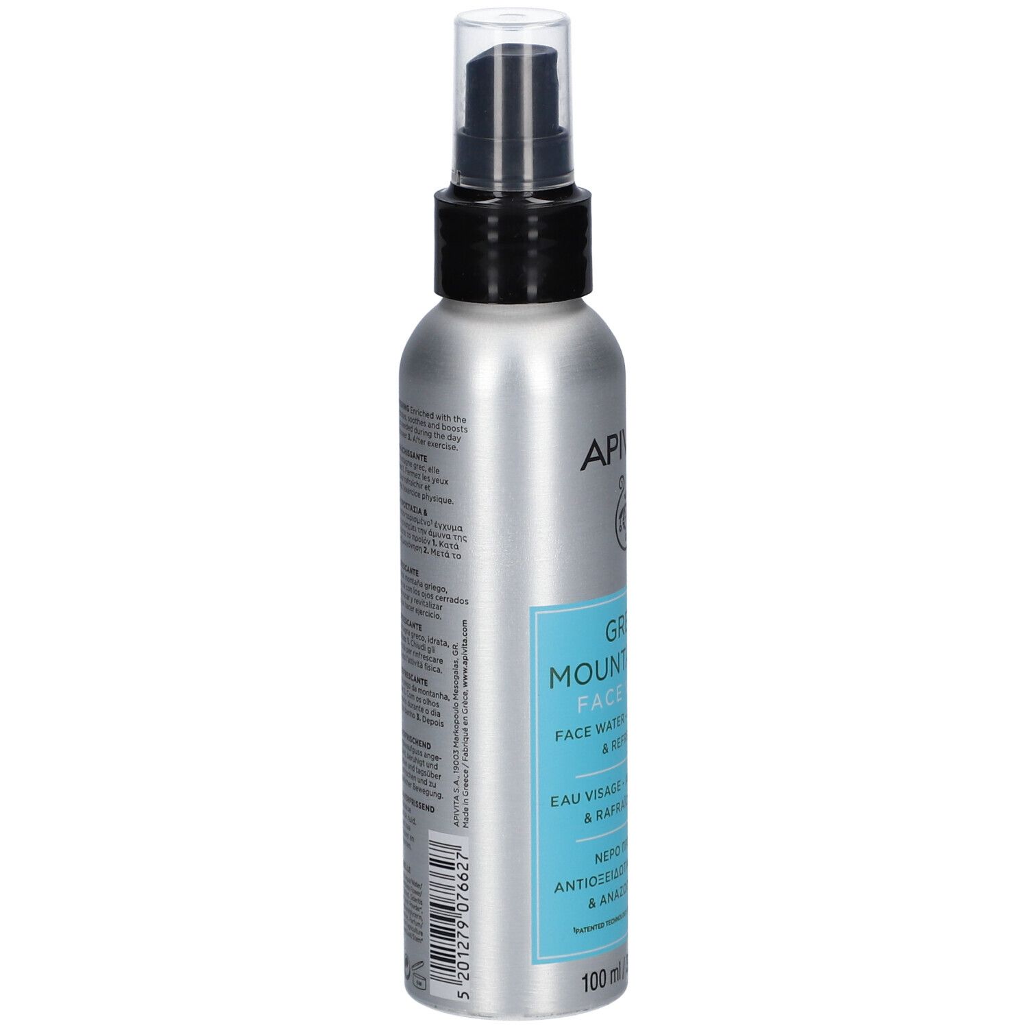 Flacon spray argenté avec pompe noire. Étiquettes bleu clair avec informations produit et mention 100ml.