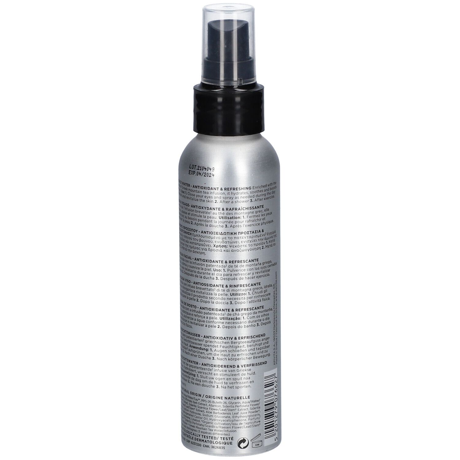 Flacon pulvérisateur argenté avec tête de pulvérisation noire et capuchon transparent. Contient des informations produit multilingues.
