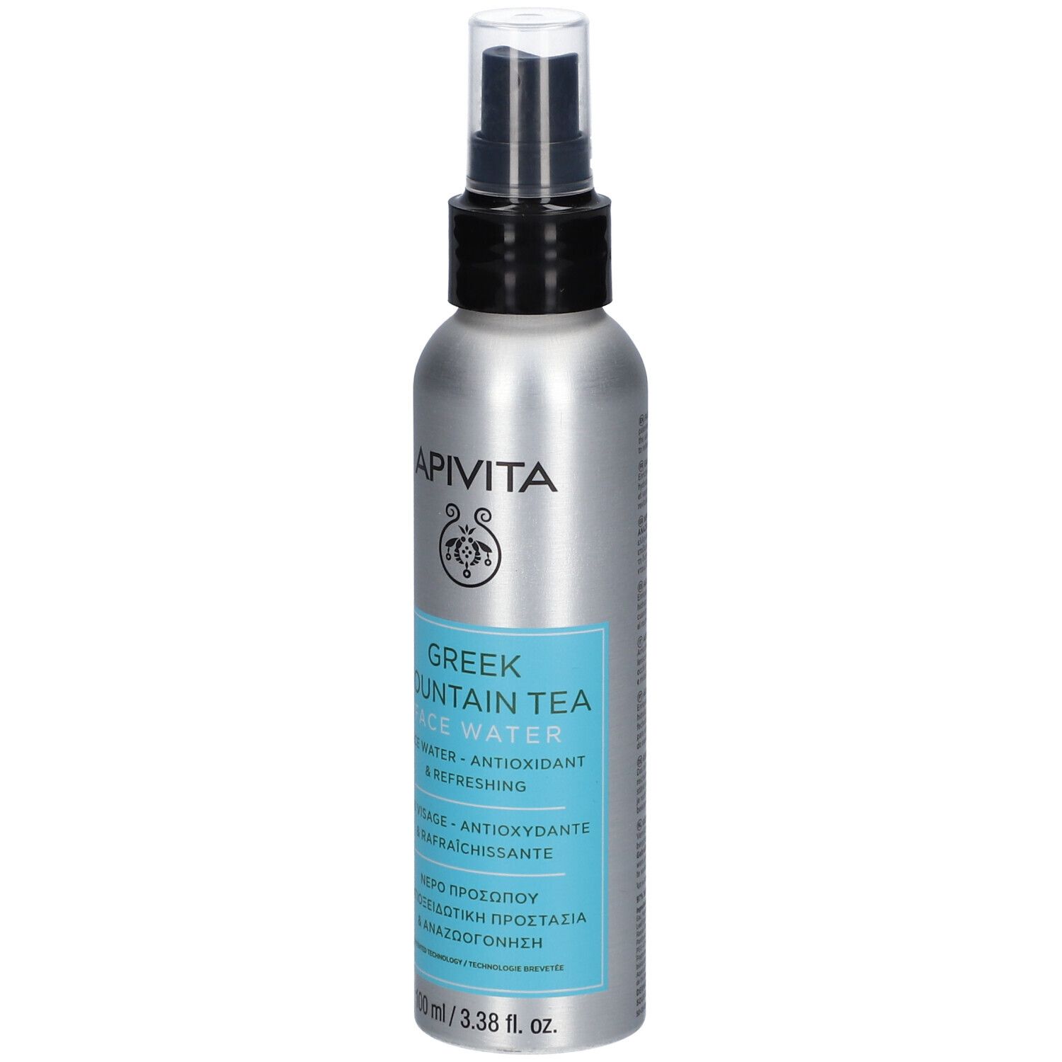 Apivita Eau de Montagne Grecque, eau pour le visage dans un flacon pulvérisateur argenté avec tête de pulvérisation noire.