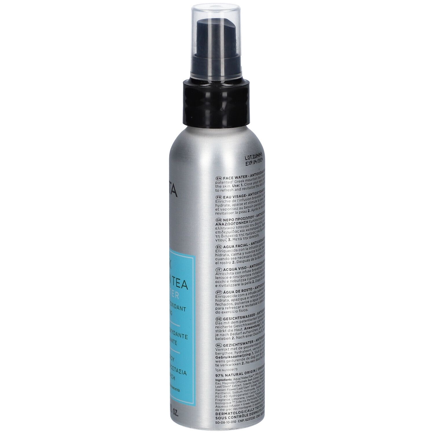Flacon pulvérisateur argenté avec pompe noire et capuchon transparent. Étiquettes bleues avec texte.