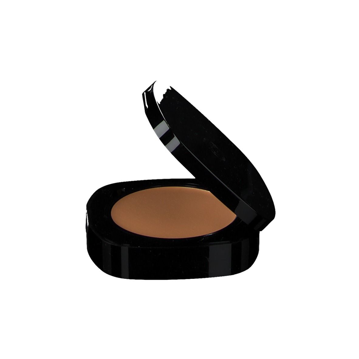 Boîtier de maquillage compact noir ouvert avec maquillage brun. Couvercle légèrement ouvert.