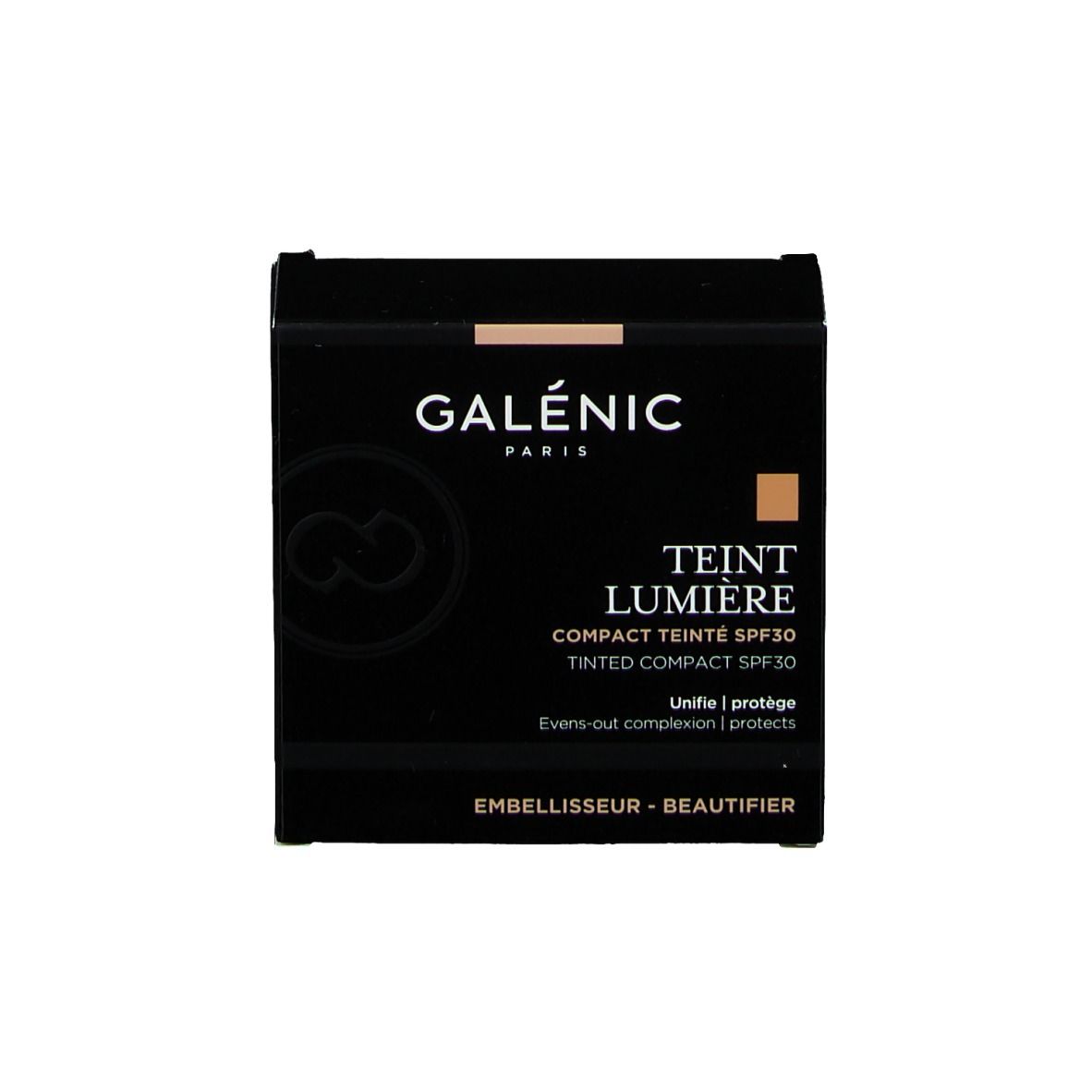 Emballage noir avec informations sur le produit. Texte : GALÉNIC, TEINT LUMIÈRE, COMPACT TEINTÉ SPF30.
