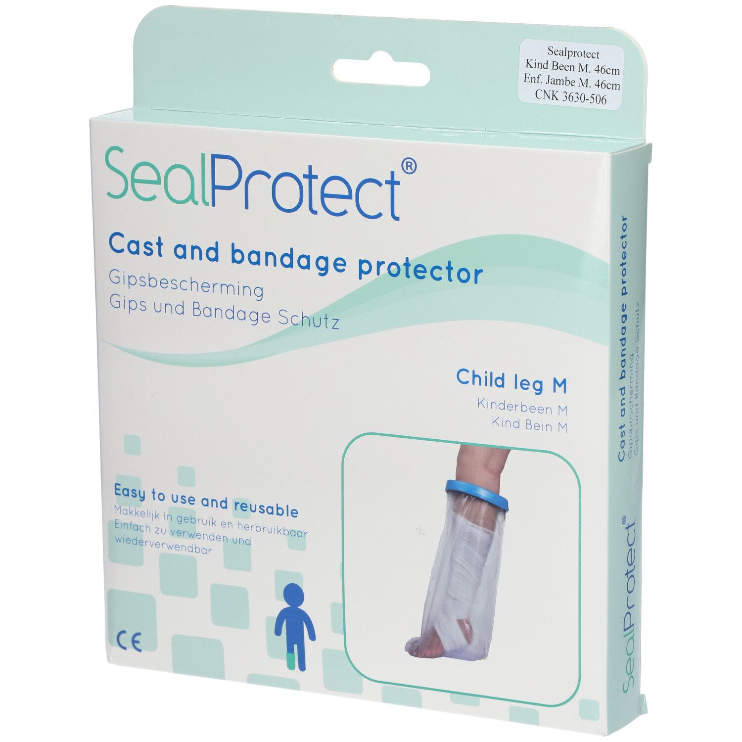 Emballage SealProtect, protection pour jambe enfant M, 46 cm. Protection pour plâtre et bandage. Produit illustré.