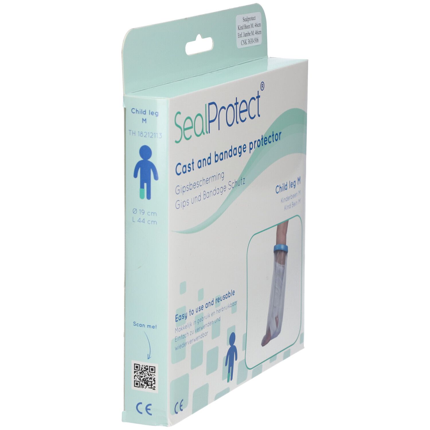 Emballage SealProtect, protection pour jambe enfant M. Protection pour plâtre et bandage. Vue latérale de l'emballage.