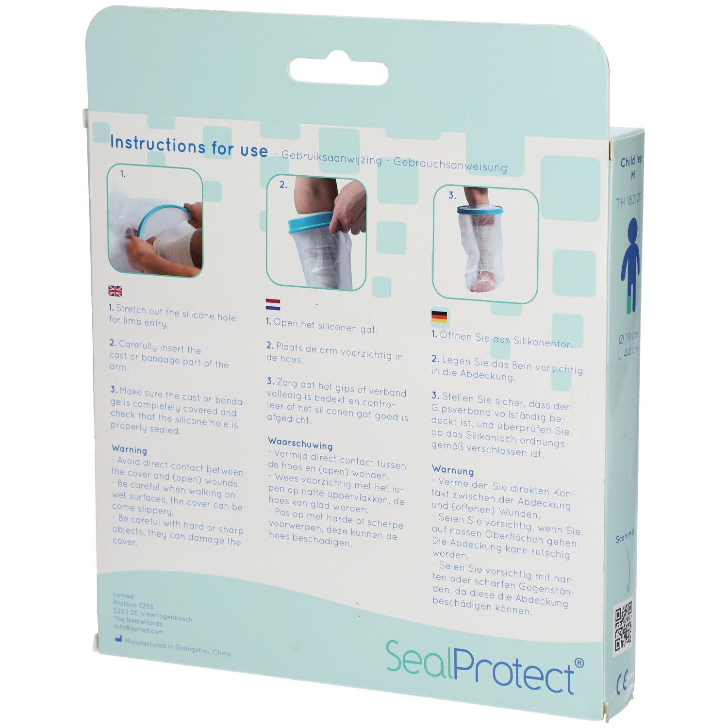 Dos de l'emballage SealProtect. Instructions d'utilisation en néerlandais, allemand et anglais. Illustrations du produit.