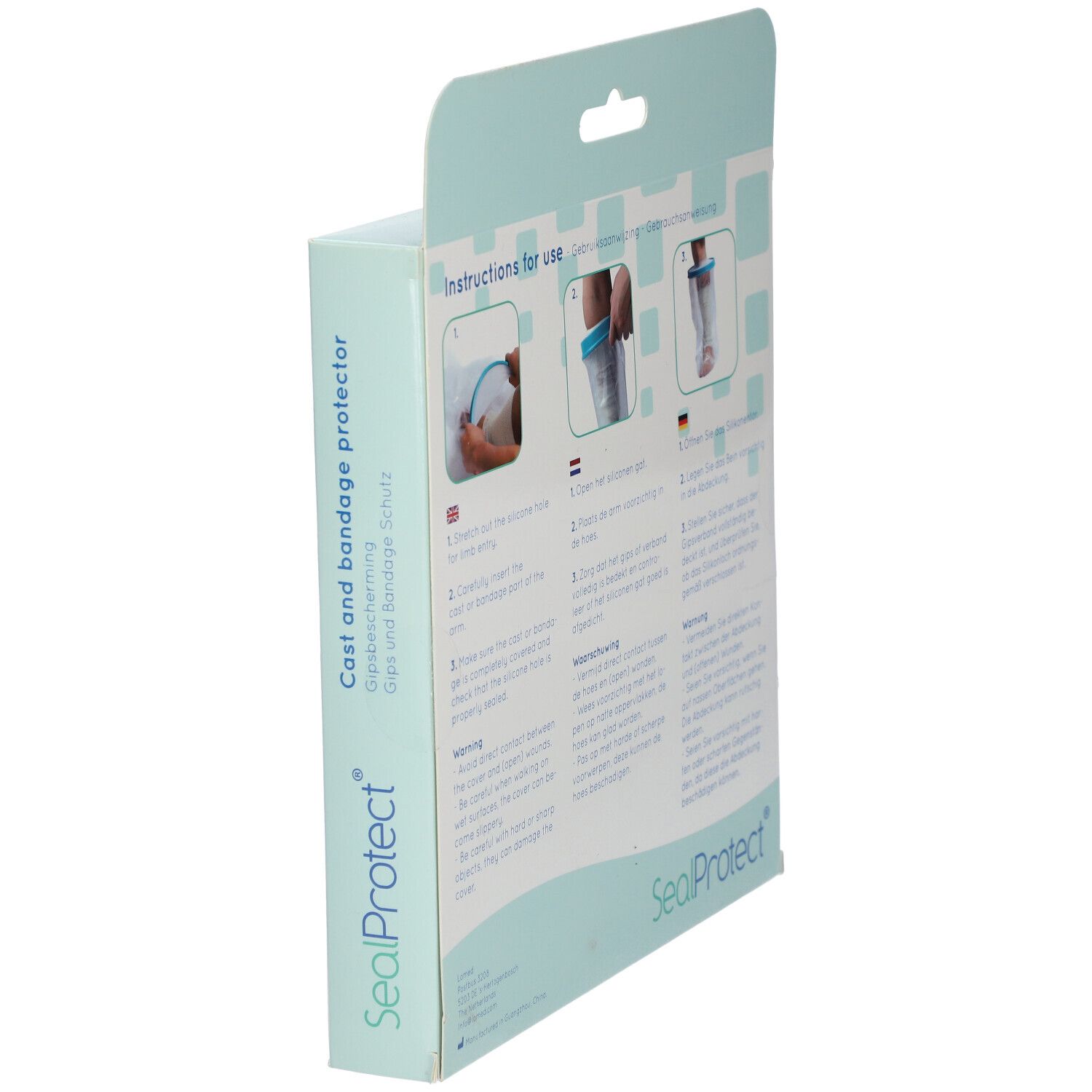 Vue latérale de l'emballage SealProtect. Protection pour plâtre et bandage. Instructions d'utilisation. Illustration du produit.