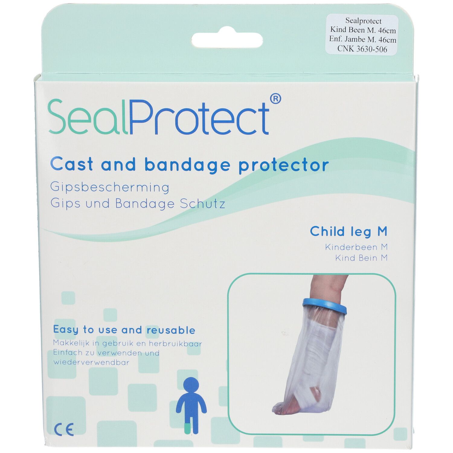 Emballage SealProtect, protection pour jambe enfant M, 46 cm. Protection pour plâtre et bandage. Produit illustré.