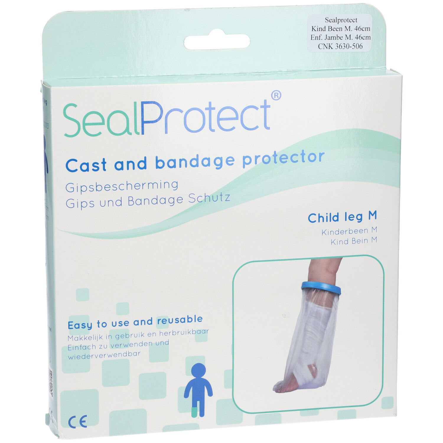 Emballage SealProtect, protection pour jambe enfant M, 46 cm. Protection pour plâtre et bandage. Produit illustré.